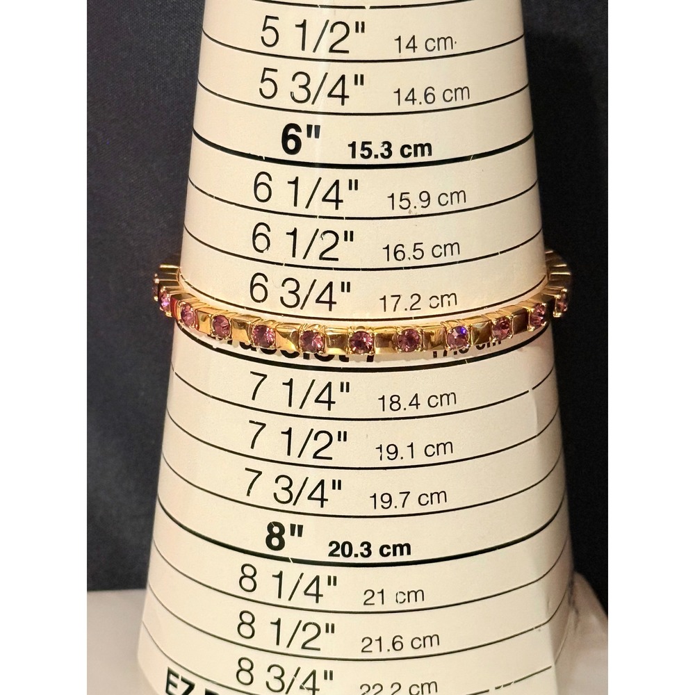 Vintage Joan Rivers Gold Tone Purple Rhinestone Ribbed Cuff Bracelet - Picture 4 of 12